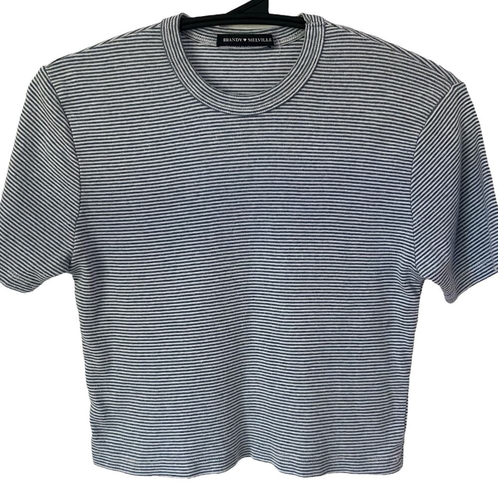 Brandy Melville Tee Shirt Short Sleeve Crewneck Blue Striped Crop Classic Italy